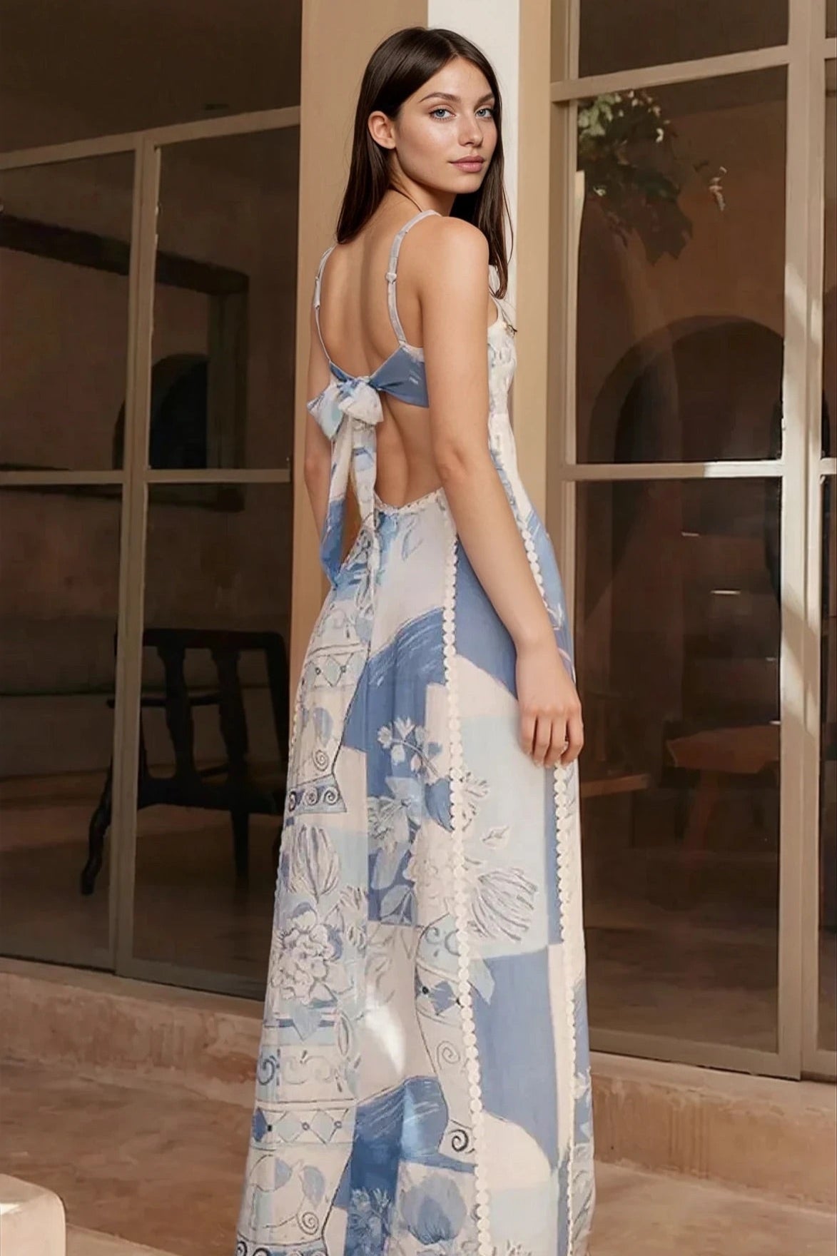 Cutout Back Printed Square Neck Maxi Dress