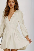 Ruched V-Neck Balloon Sleeve Mini Dress