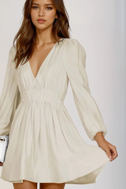 Ruched V-Neck Balloon Sleeve Mini Dress