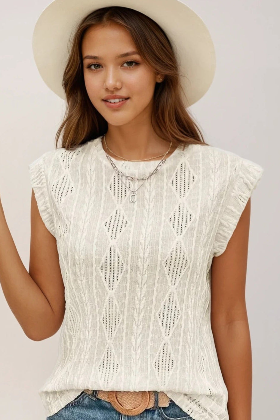 Eyelet Round Neck Cap Sleeve Top