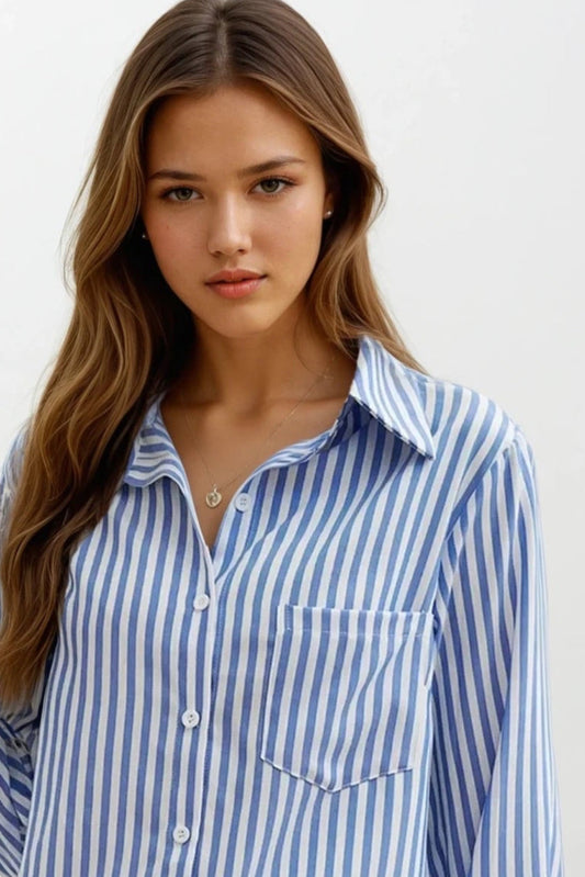 Devine Pocketed Striped Collared Neck Long Sleeve Shirt