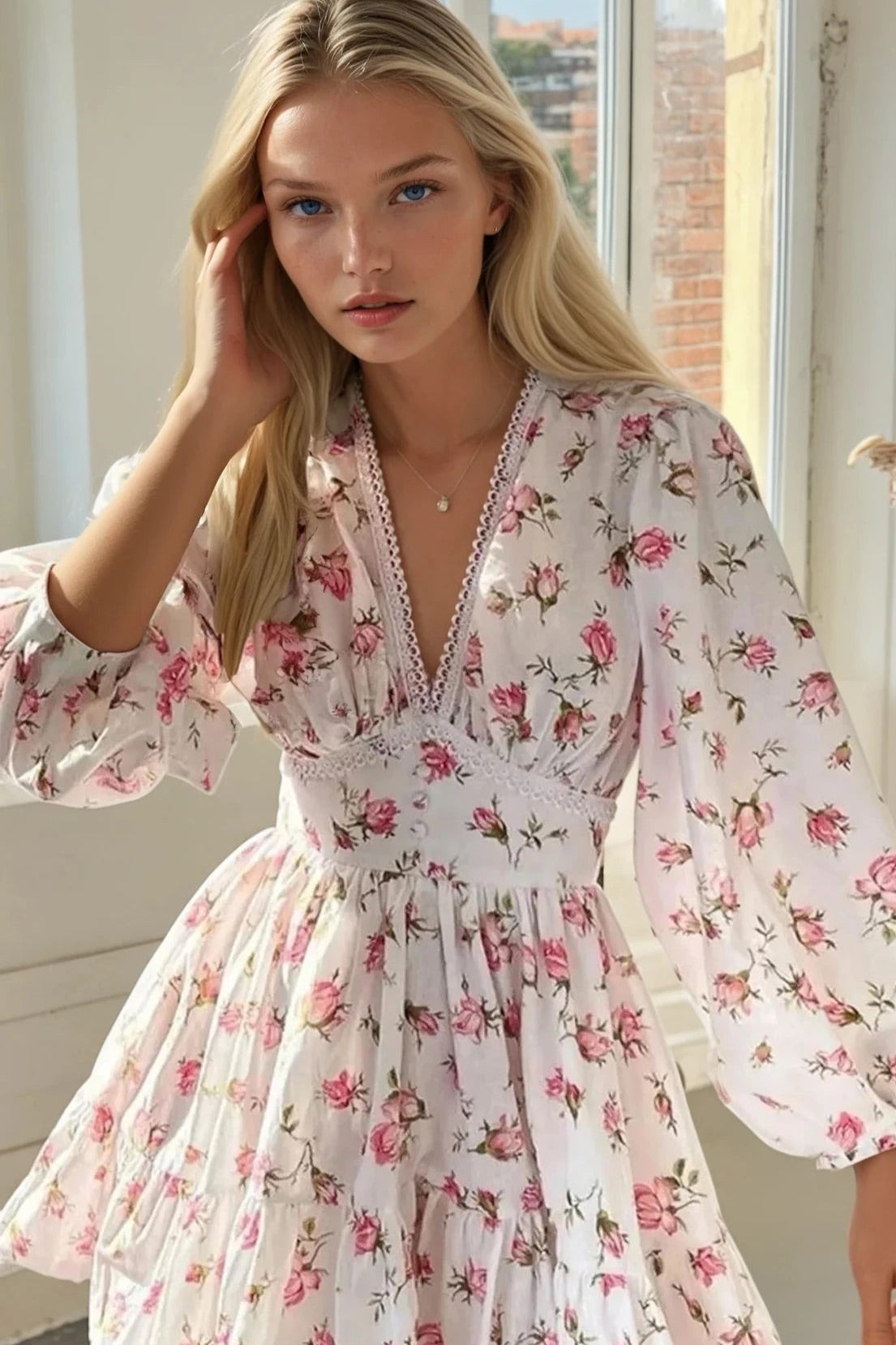 Lace Detail V-Neck Balloon Sleeve Dress