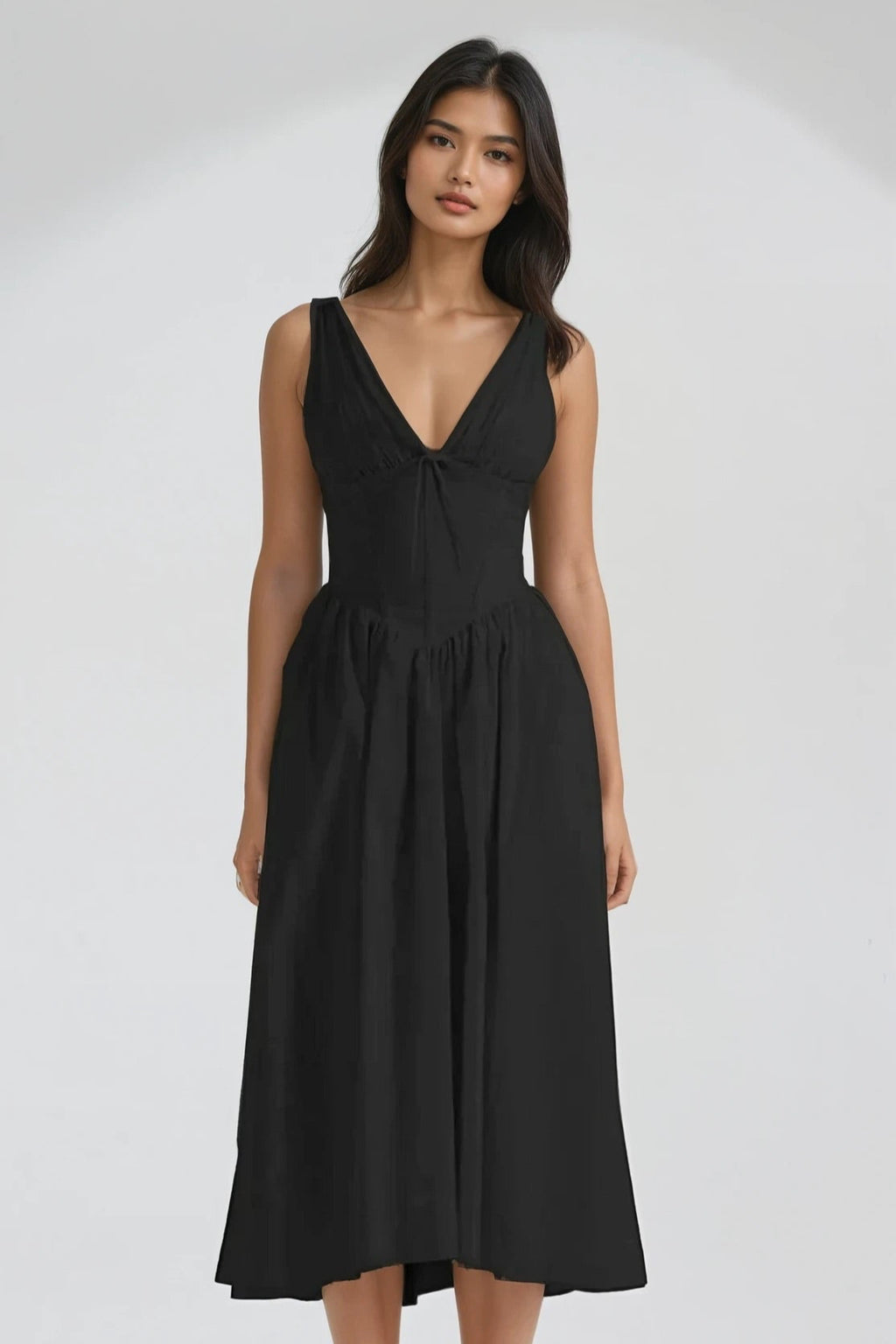 Ruched V-Neck Sleeveless Dress with Pockets