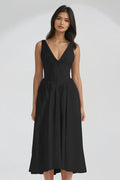 Ruched V-Neck Sleeveless Dress with Pockets