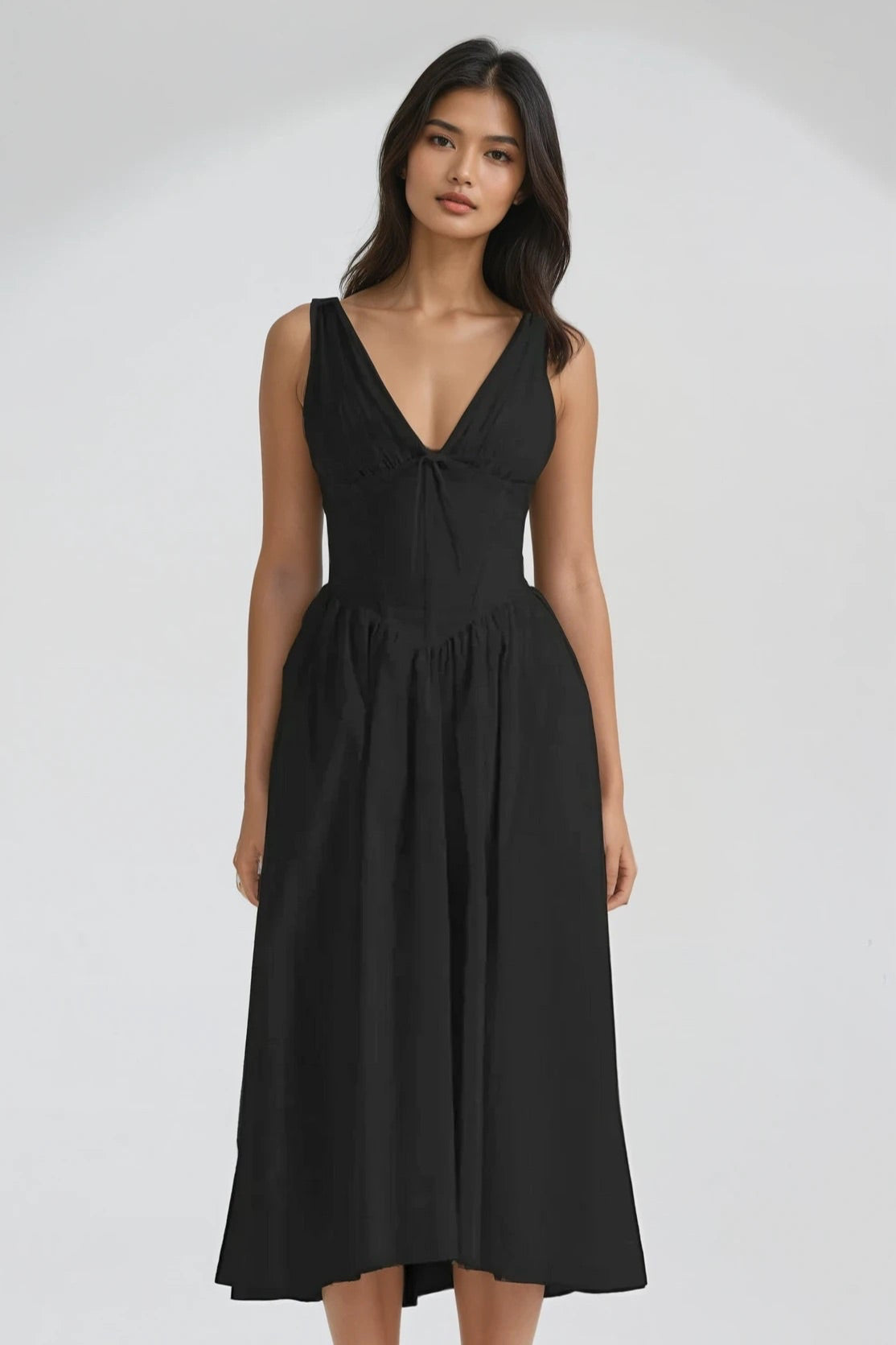 Ruched V-Neck Sleeveless Dress with Pockets