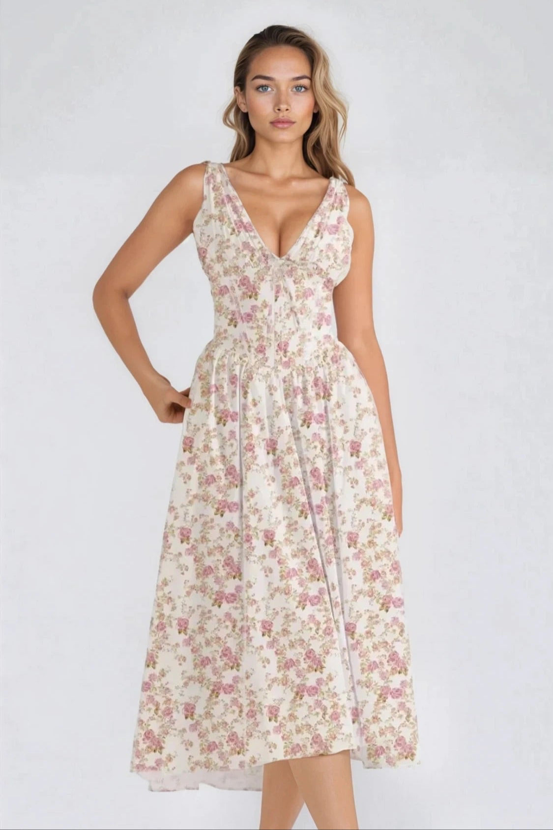 Floral V-Neck Sleeveless Midi Dress with Pockets