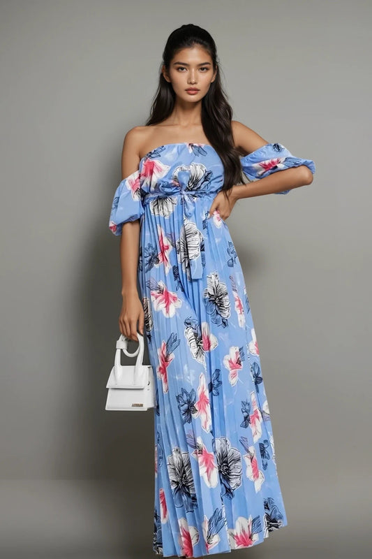 Pleated Floral Off-Shoulder Short Sleeve Midi Dress