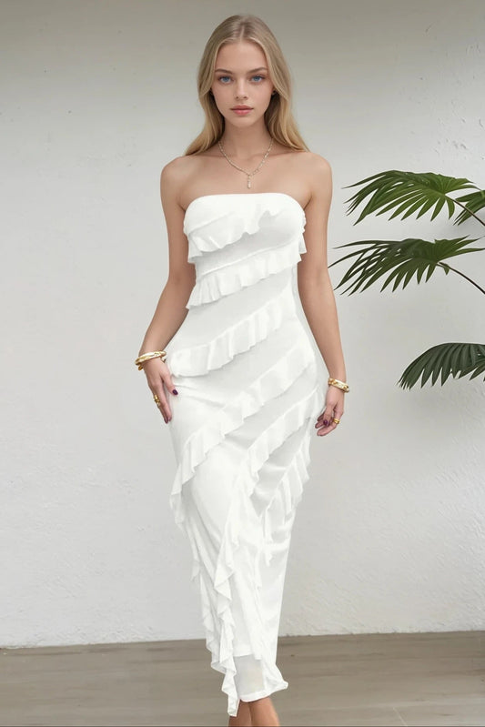 Ruffled Slit Back Tube Maxi Dress