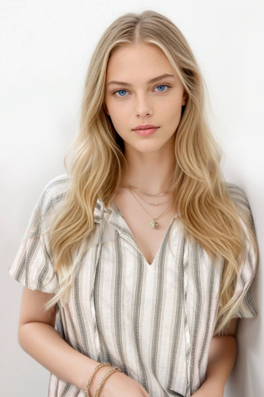 Stripe Frilled Tie Neck Short Sleeve Blouse