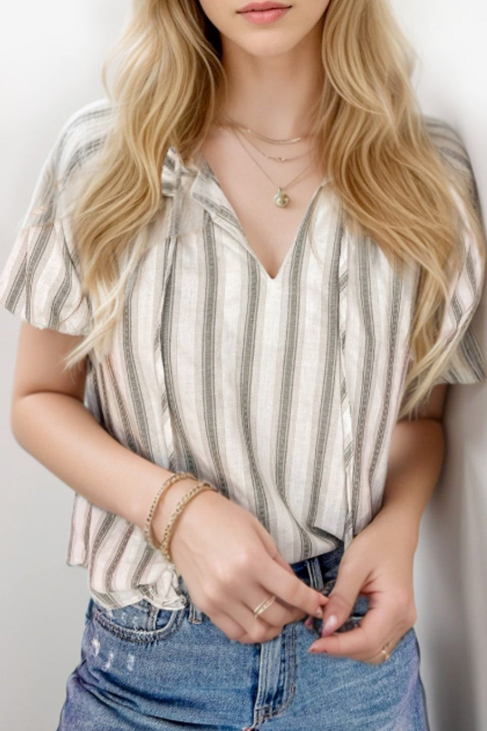 Stripe Frilled Tie Neck Short Sleeve Blouse