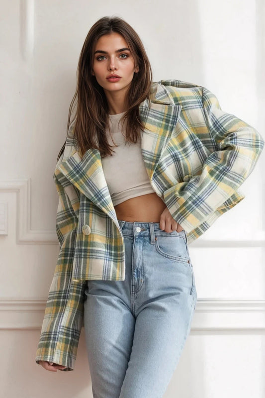 Lapel Collar Plaid Cropped Jacket