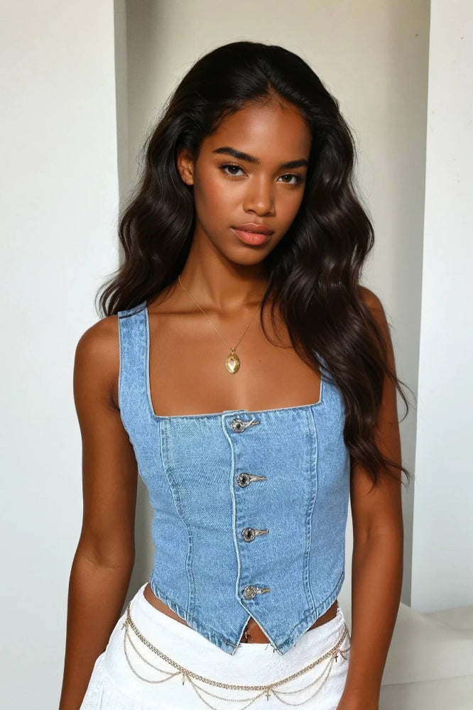 Smocked Square Neck Denim Top