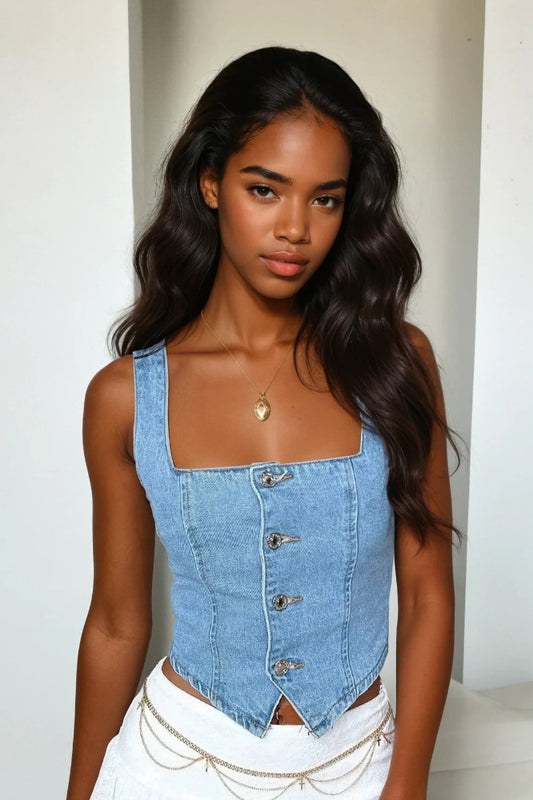 Smocked Square Neck Denim Top