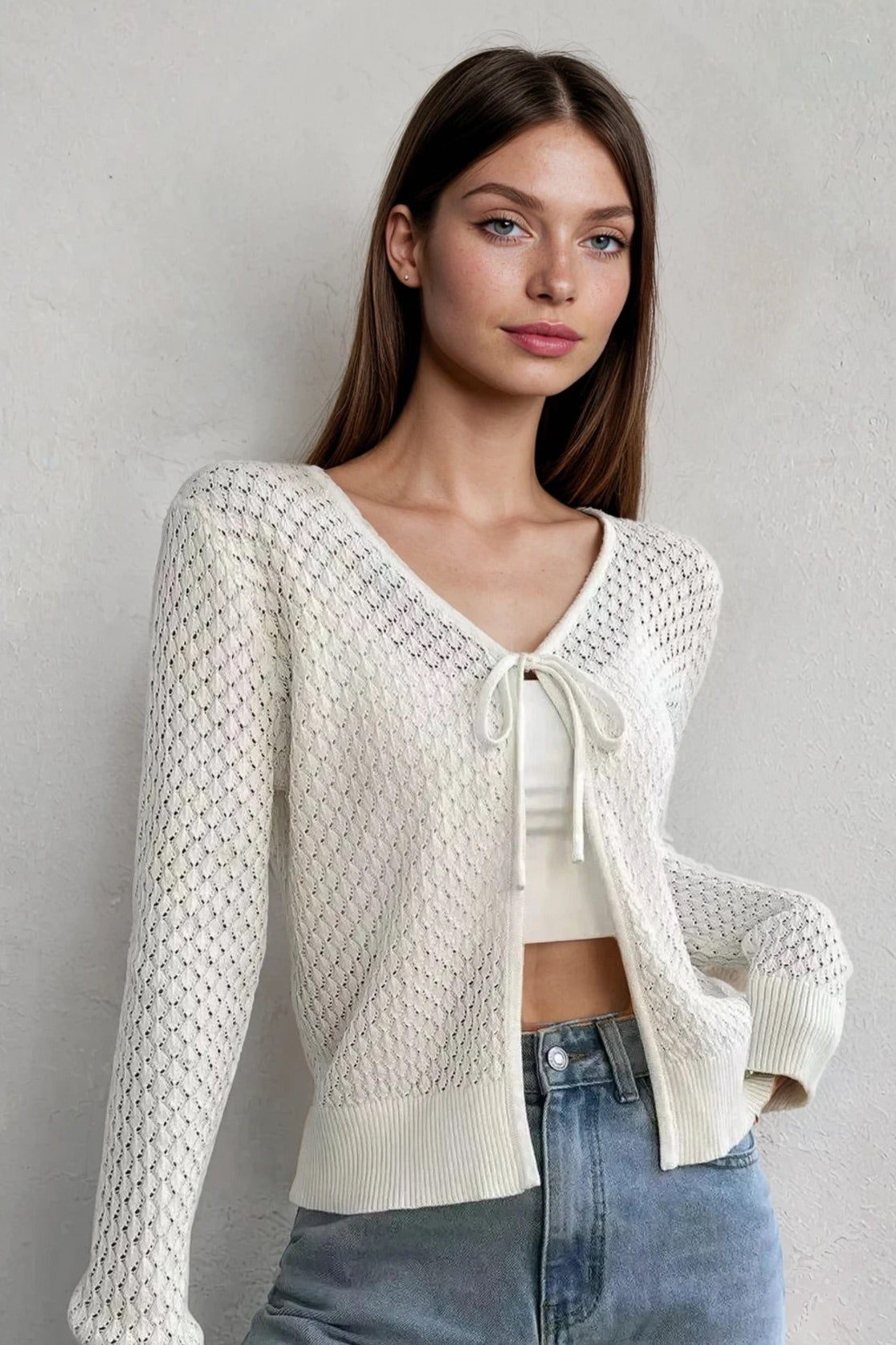 Tied Openwork V-Neck Long Sleeve Cardigan