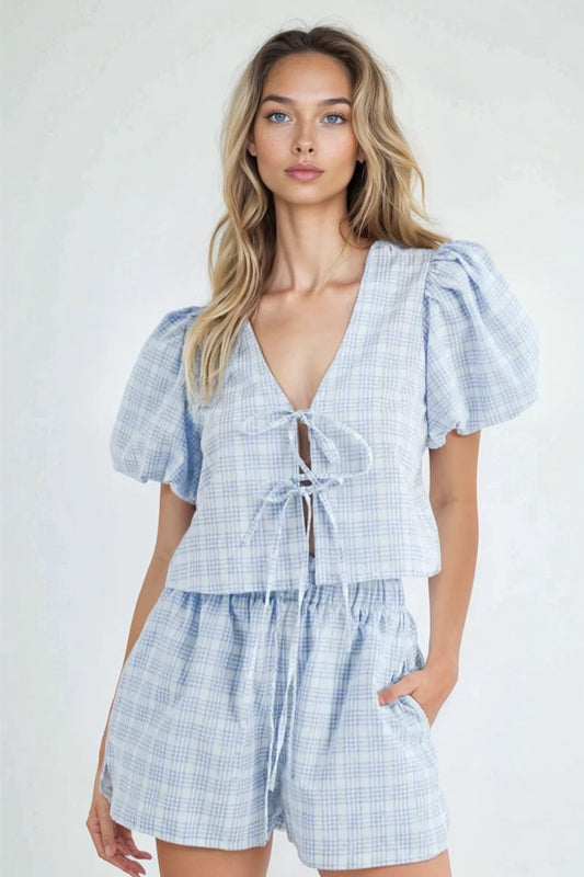V-Neck Puff Sleeve Top and Shorts Set