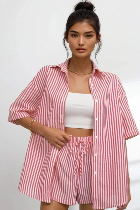 Striped Button Up Shirt and Shorts Set