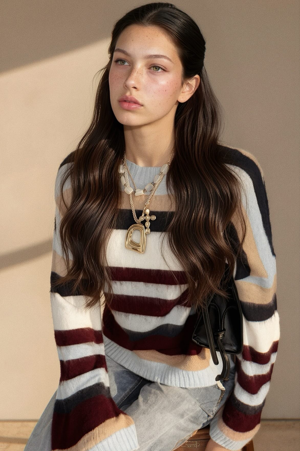 A woman wearing a cropped knit sweater with horizontal stripes in cream, light blue, black, and burgundy, styled with layered gold necklaces and a small black shoulder bag against a warm beige background.