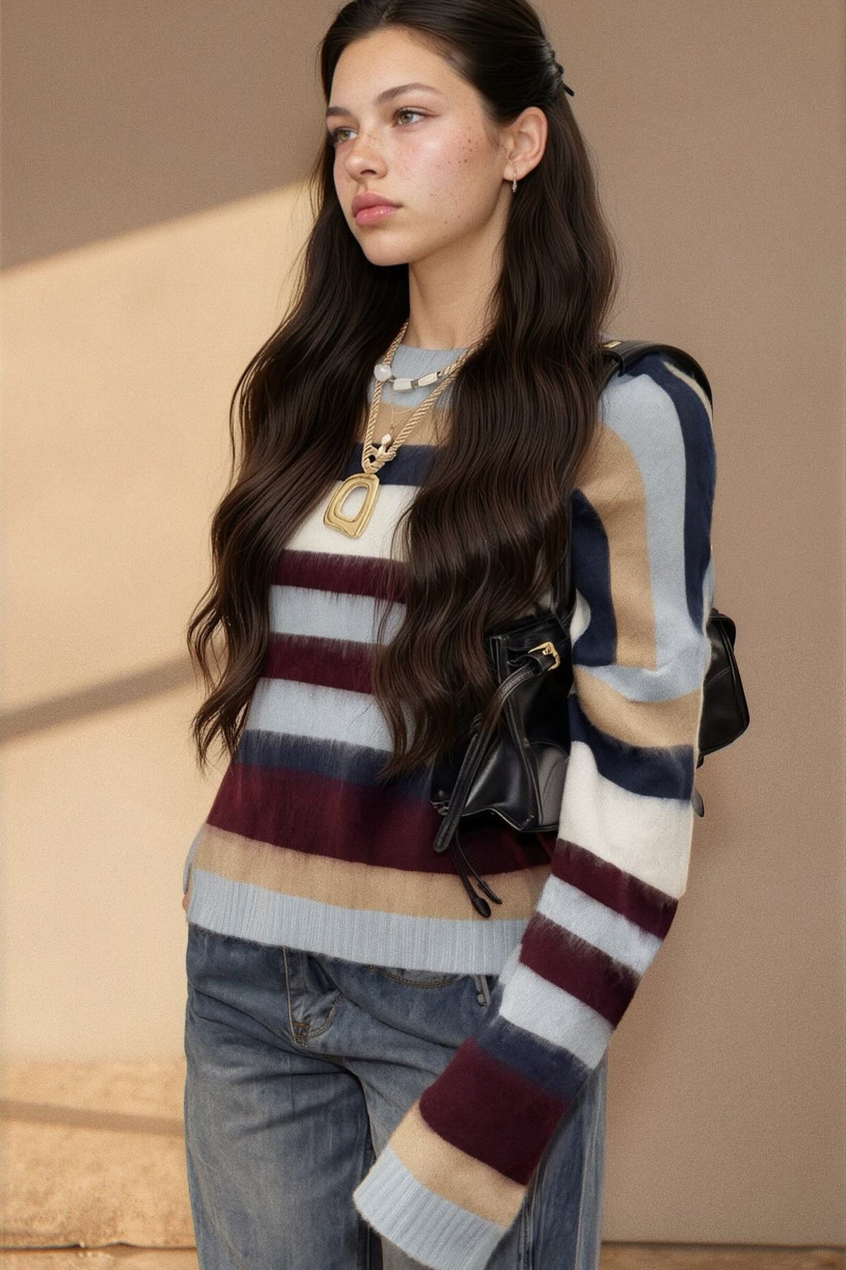 A woman wearing a fuzzy striped knit sweater with horizontal bands of cream, navy, burgundy, and beige, paired with blue jeans and a black shoulder bag, set against a warm beige background.