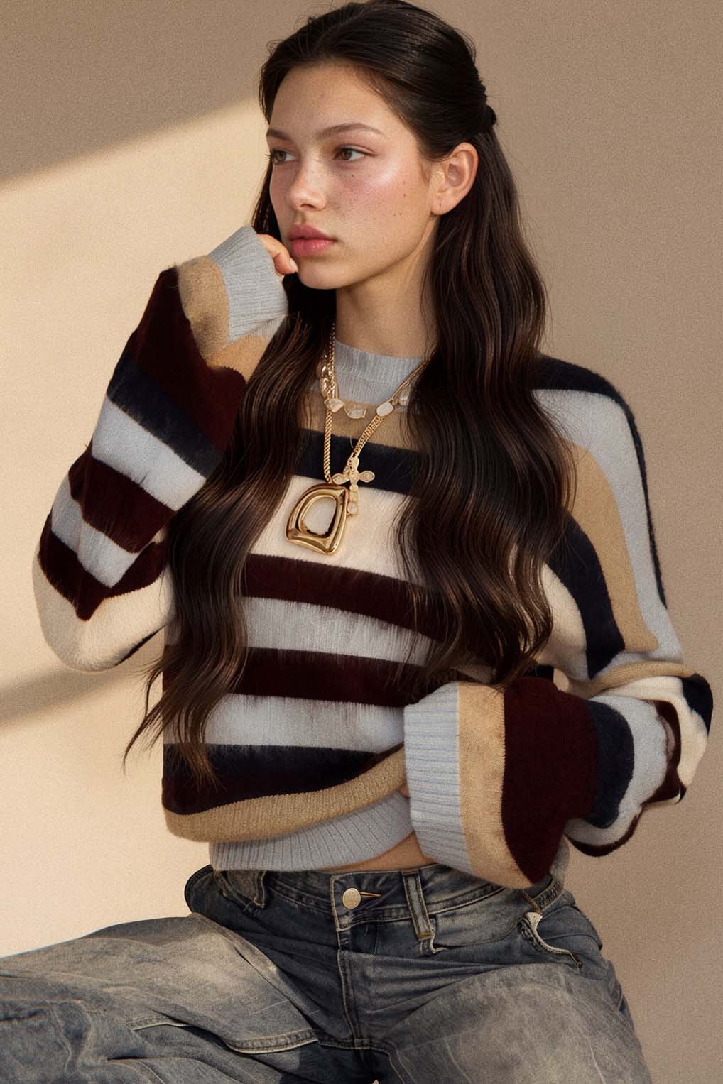 A woman wearing a cozy, cropped knit sweater with horizontal stripes in cream, navy, burgundy, and tan, paired with blue jeans and gold necklaces, posed against a warm beige background.