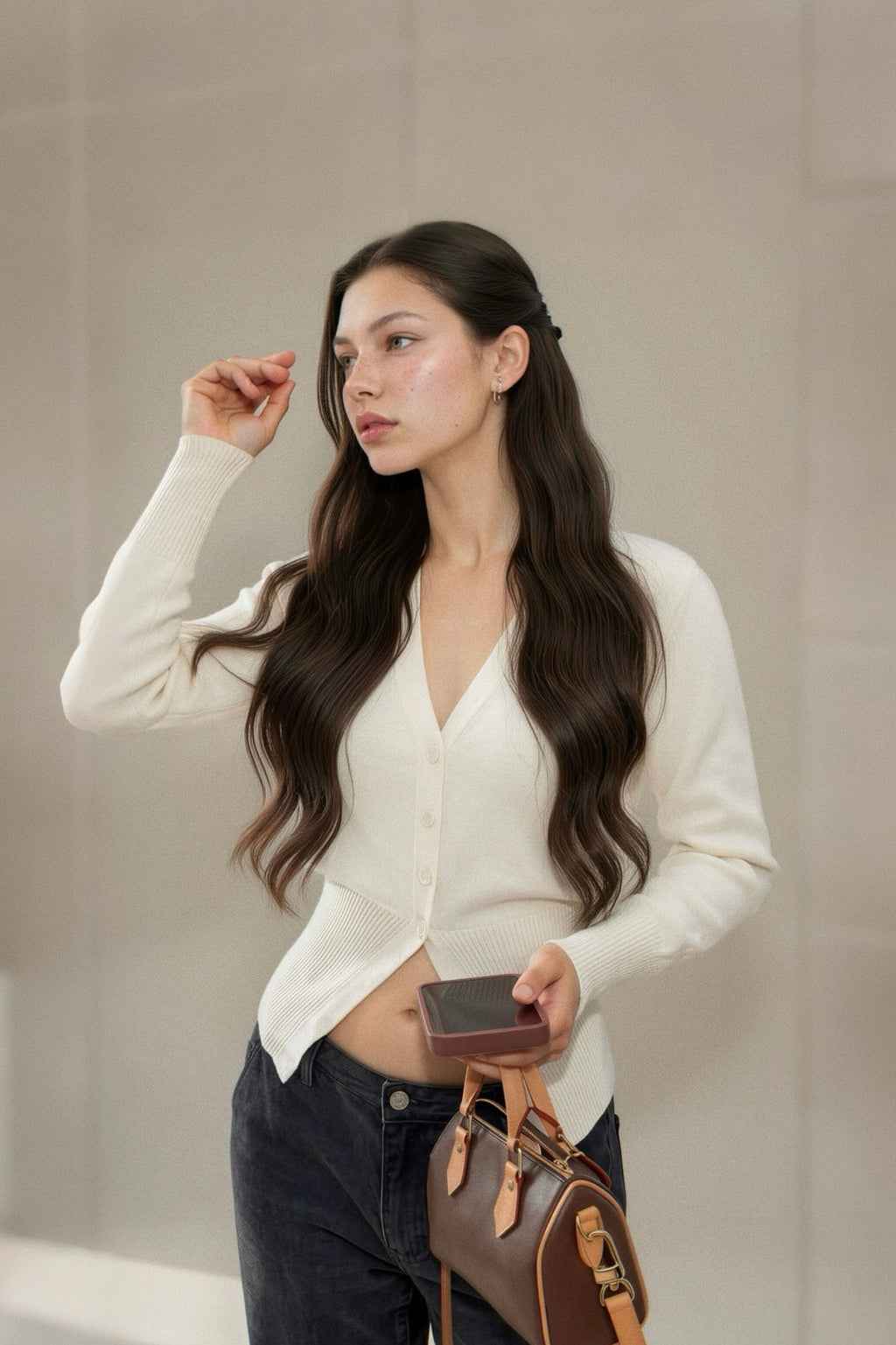 A woman with long wavy dark brown hair is wearing a cream-colored knit cardigan, dark blue jeans, and holding a brown leather handbag against a neutral beige background.