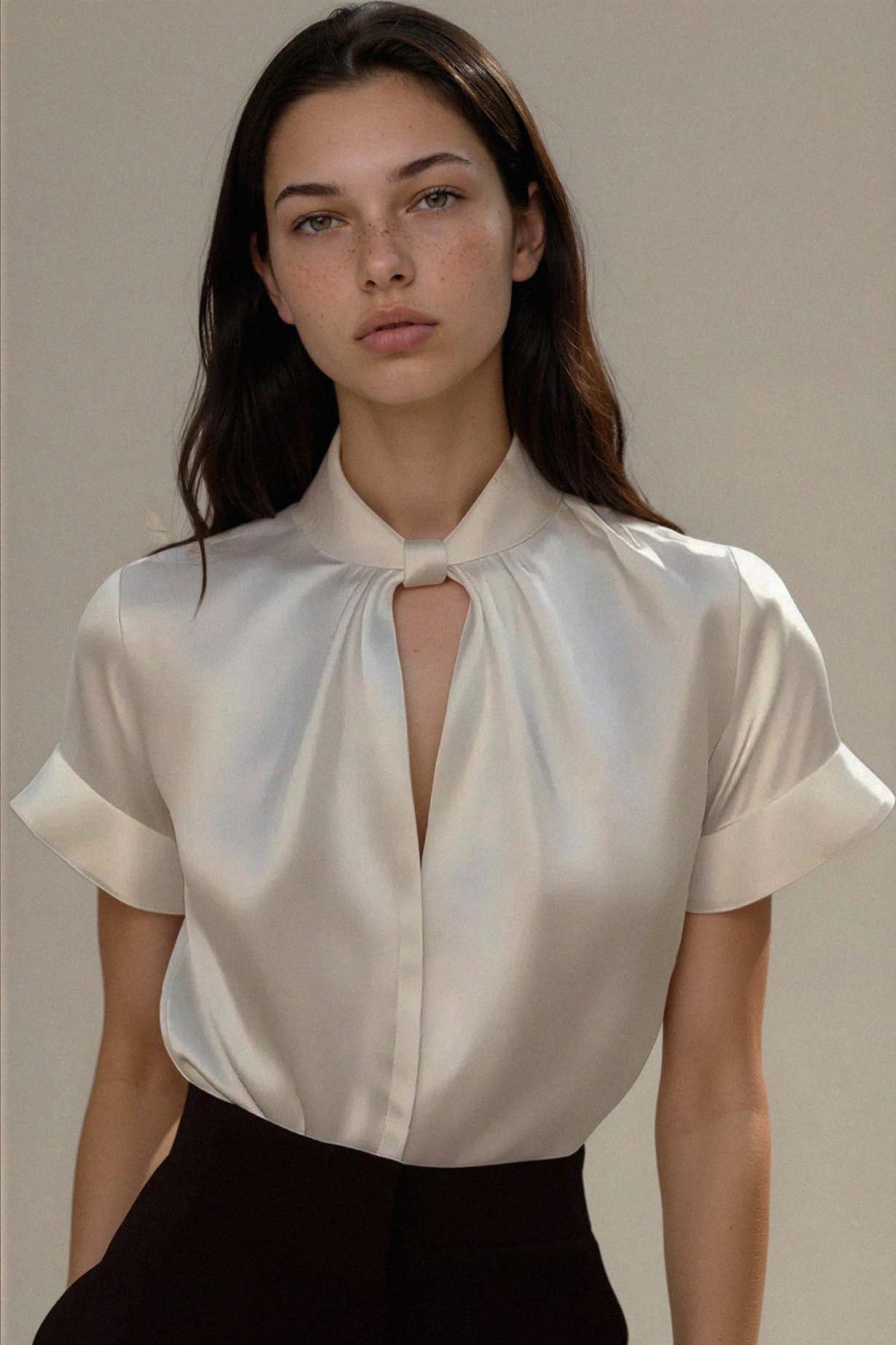 Woman wearing a white blouse with a keyhole neckline against a neutral background