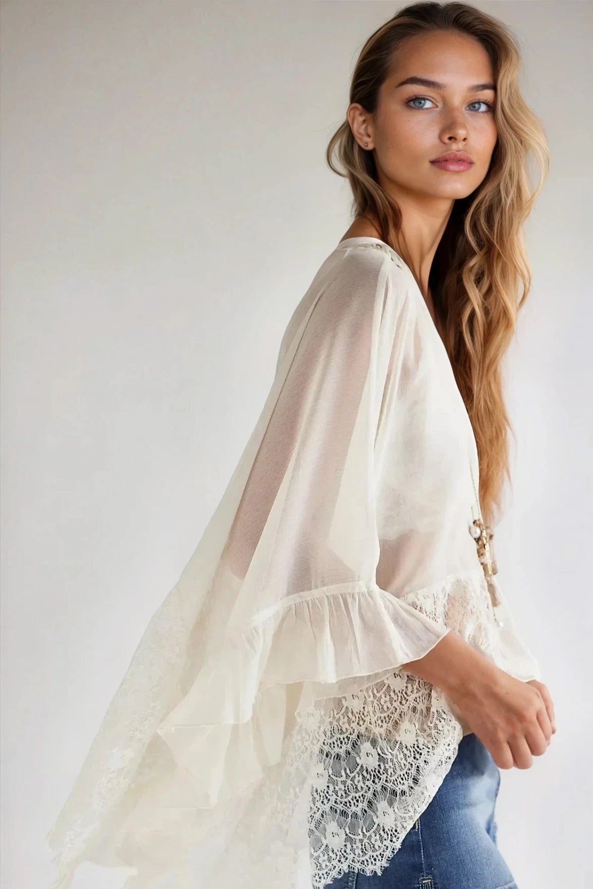 Lace V-Neck Ruffle Long Sleeve Cover-Up