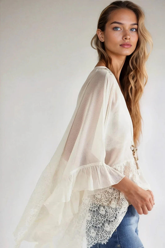 Lace V-Neck Ruffle Long Sleeve Cover-Up