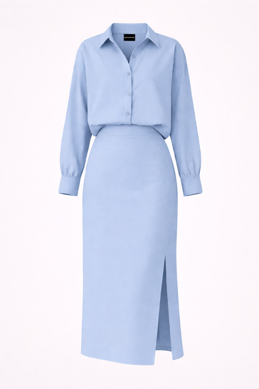 Long Sleeve Shirt and Slit Midi Skirt Set