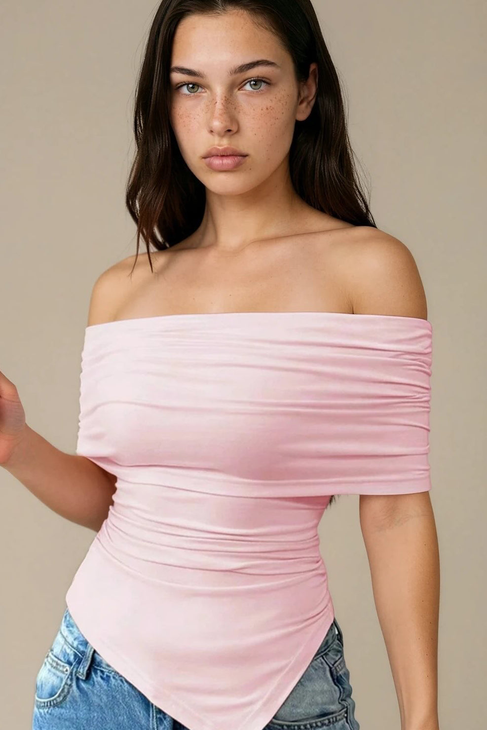 Off-Shoulder Ruched Asymmetrical Hem Top