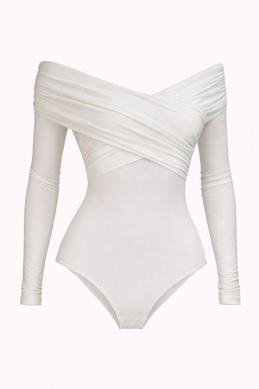 White bodysuit with long sleeves on a white background