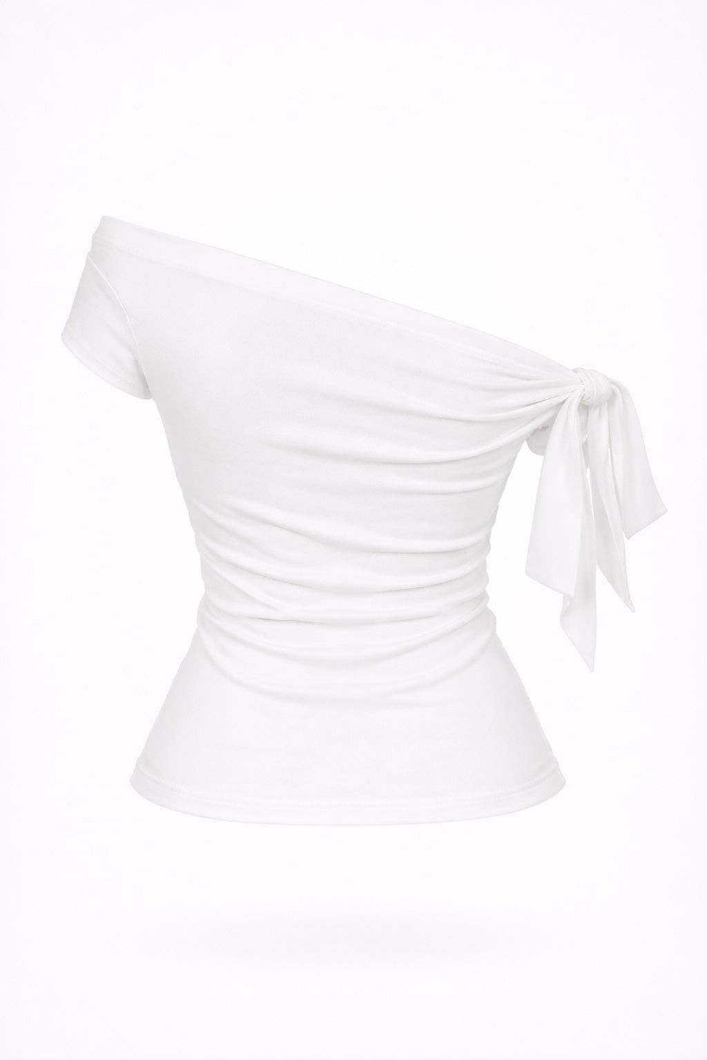 White off-shoulder top with a tie detail on a white background