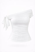 White off-shoulder top with a knot detail on a white background