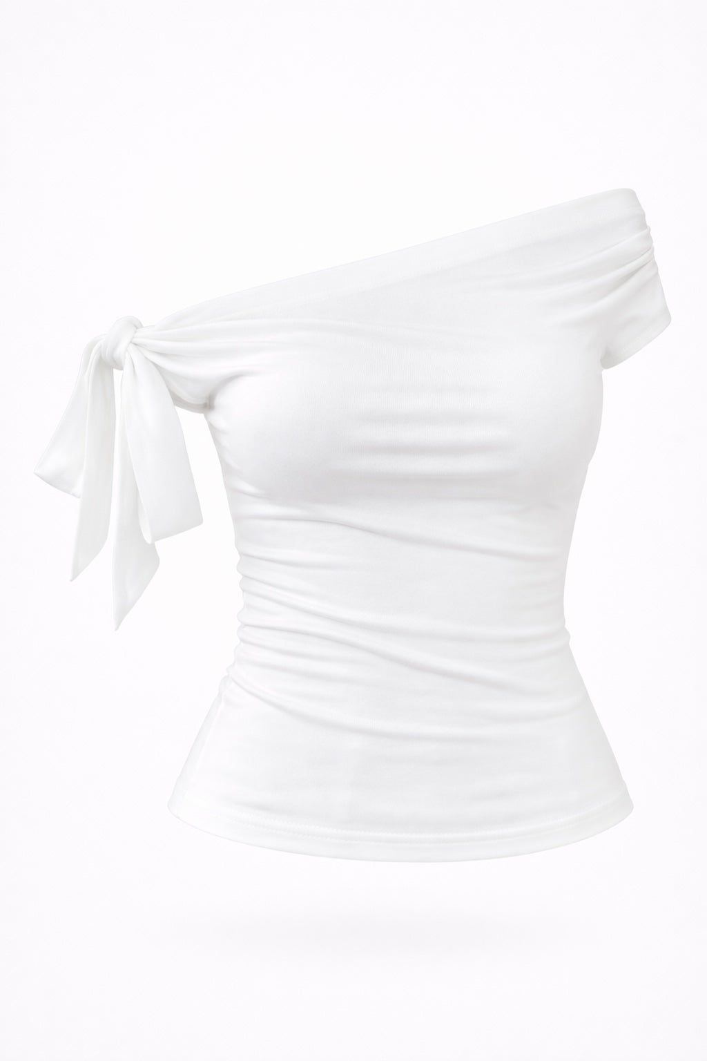 White off-shoulder top with a knot detail on a white background