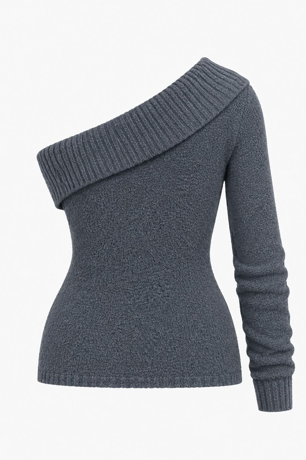One-Shoulder Ribbed Trim Fuzzy Sweater