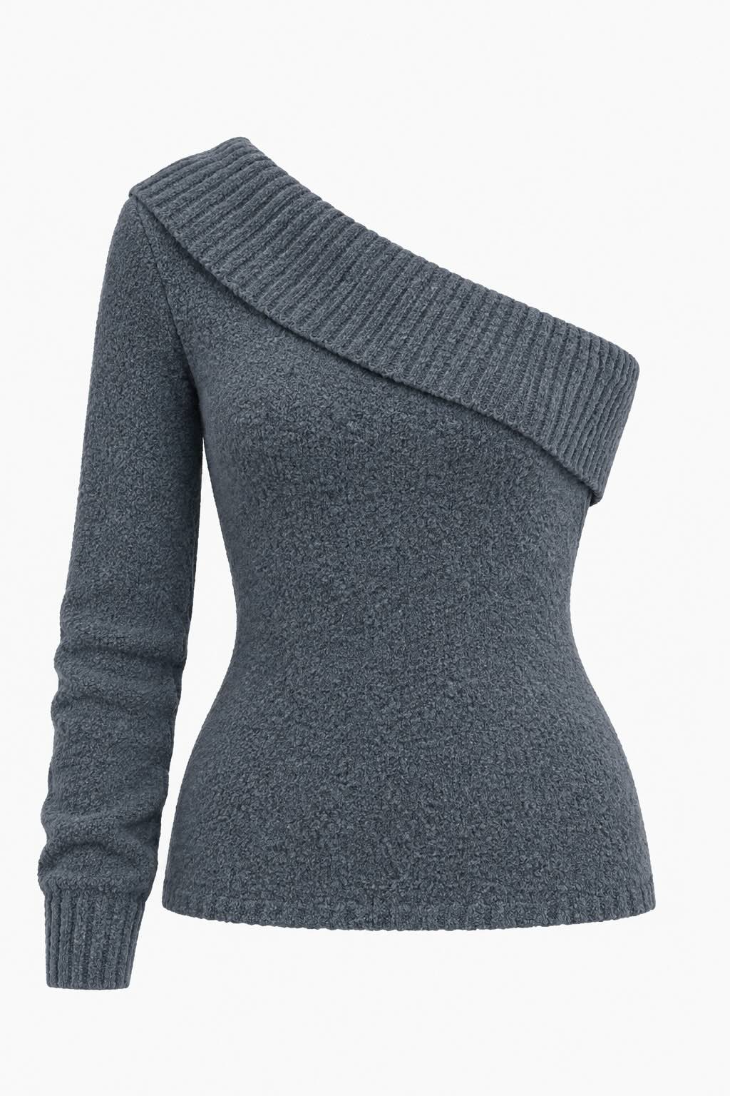One-Shoulder Ribbed Trim Fuzzy Sweater