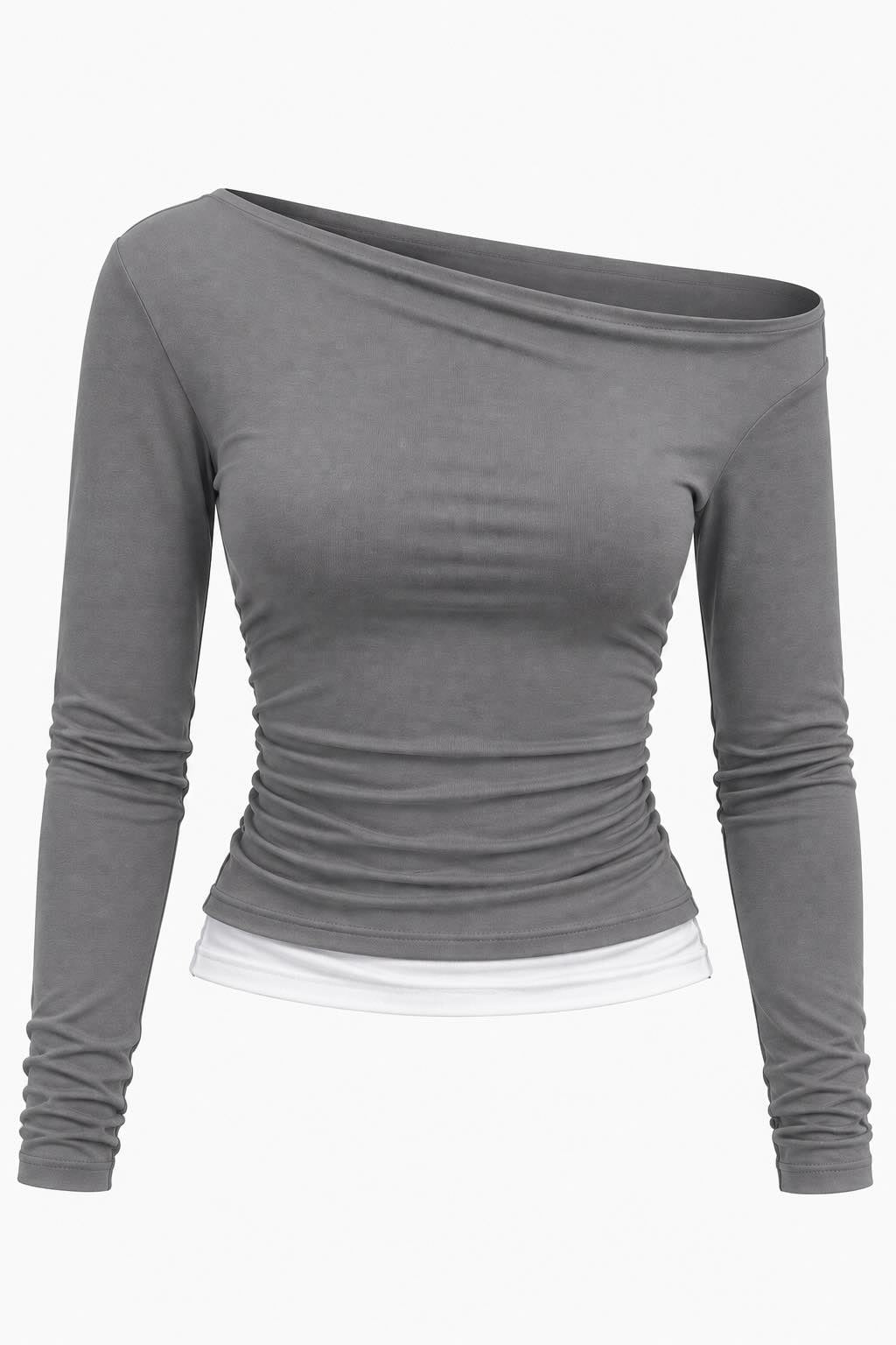 A gray long-sleeve off-the-shoulder top with ruched detailing at the waist, displayed on a headless mannequin against a plain white background.
