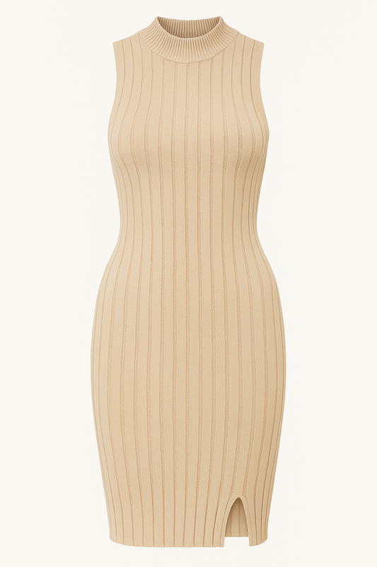 Ribbed Sleeveless Slit Knit Dress