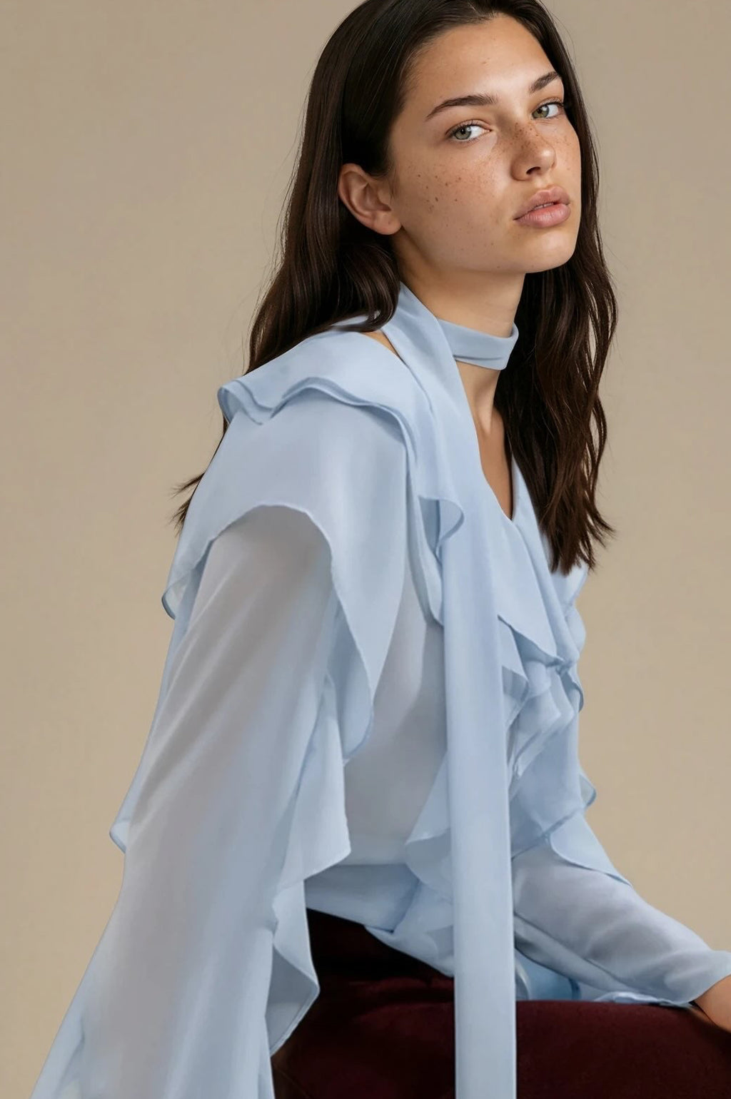 Ruffle Trim Chiffon Blouse