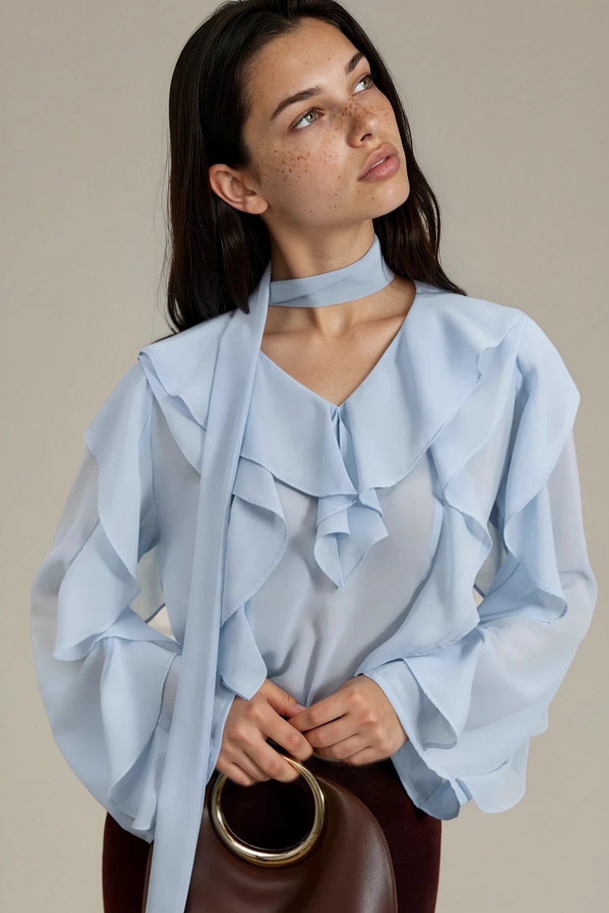 Ruffle Trim Chiffon Blouse