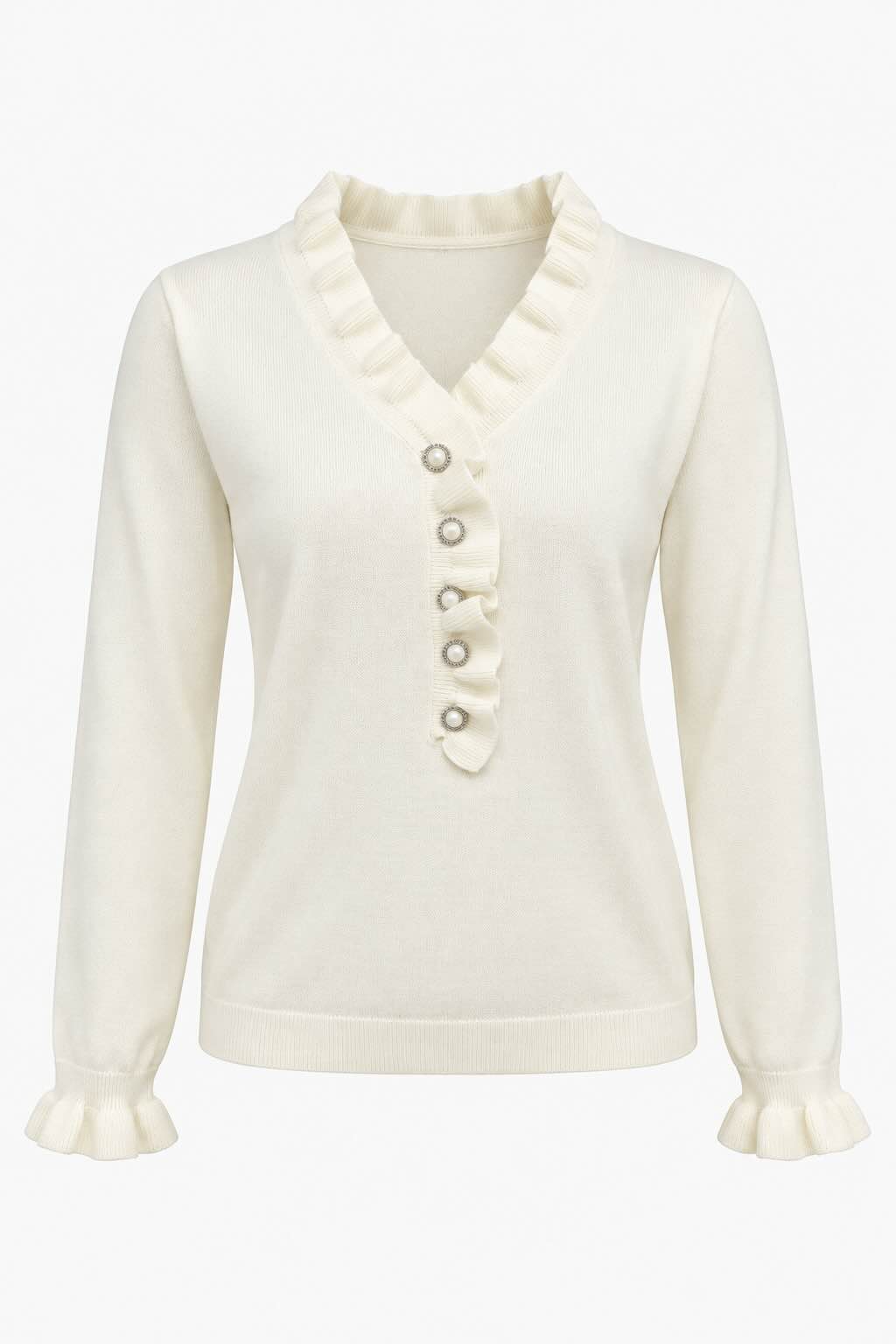 Ruffle Trim Pearl Button V-Neck Knit Top