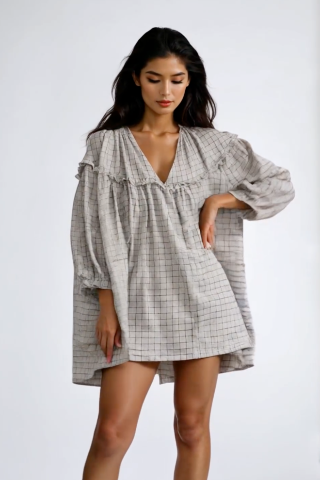 Frill Plaid Notched Balloon Sleeve Mini Dress