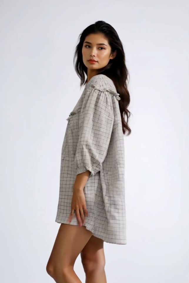 Frill Plaid Notched Balloon Sleeve Mini Dress