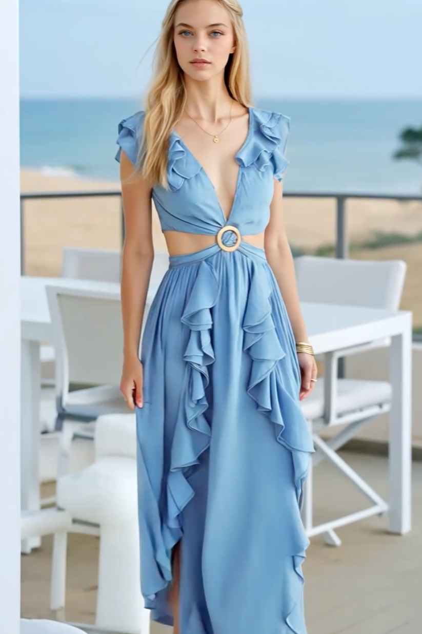 Cutout Ruffled Cap Sleeve Maxi Dress