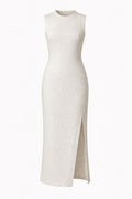 White sleeveless dress with a slit on a white background