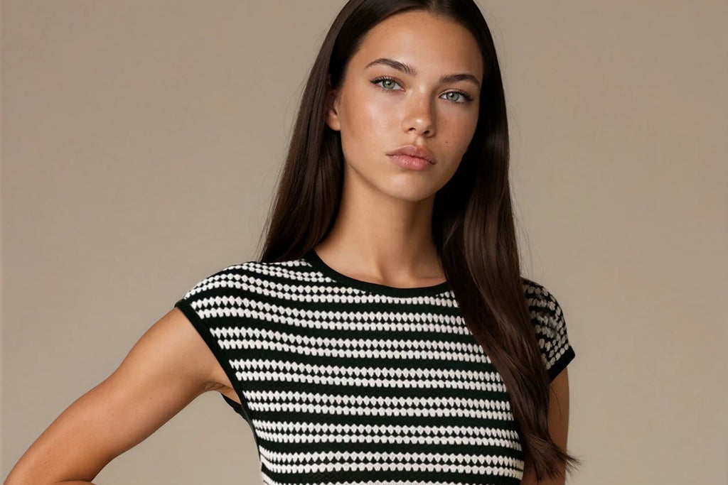 Woman wearing a black and white patterned dress against a beige background