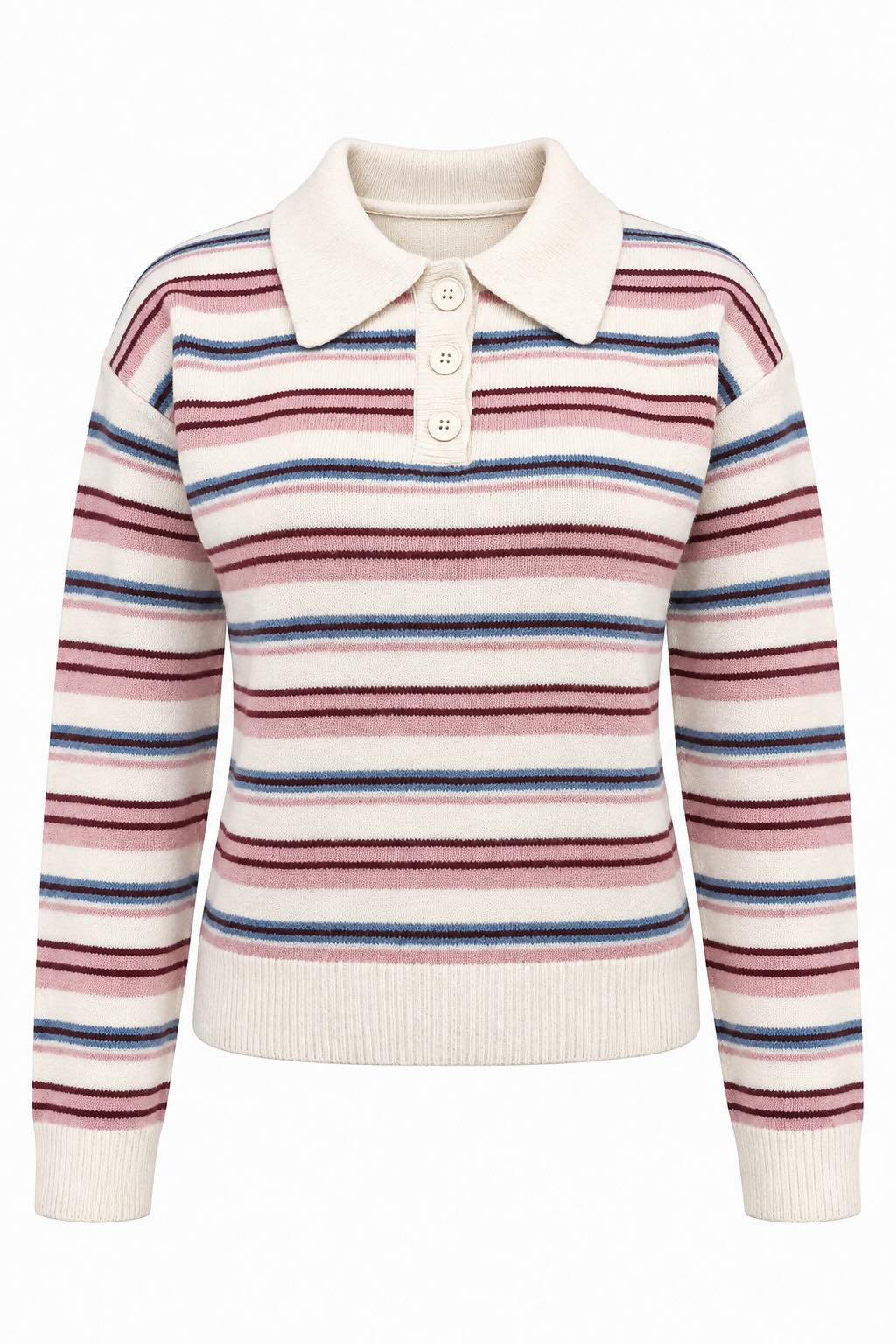 A long-sleeve knit polo sweater with horizontal stripes in pink, navy, and dark red on an off-white base, featuring an off-white collar and three-button placket.