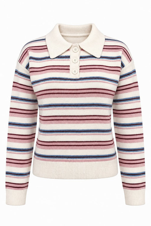 A long-sleeve knit polo sweater with horizontal stripes in pink, navy, and dark red on an off-white base, featuring an off-white collar and three-button placket.