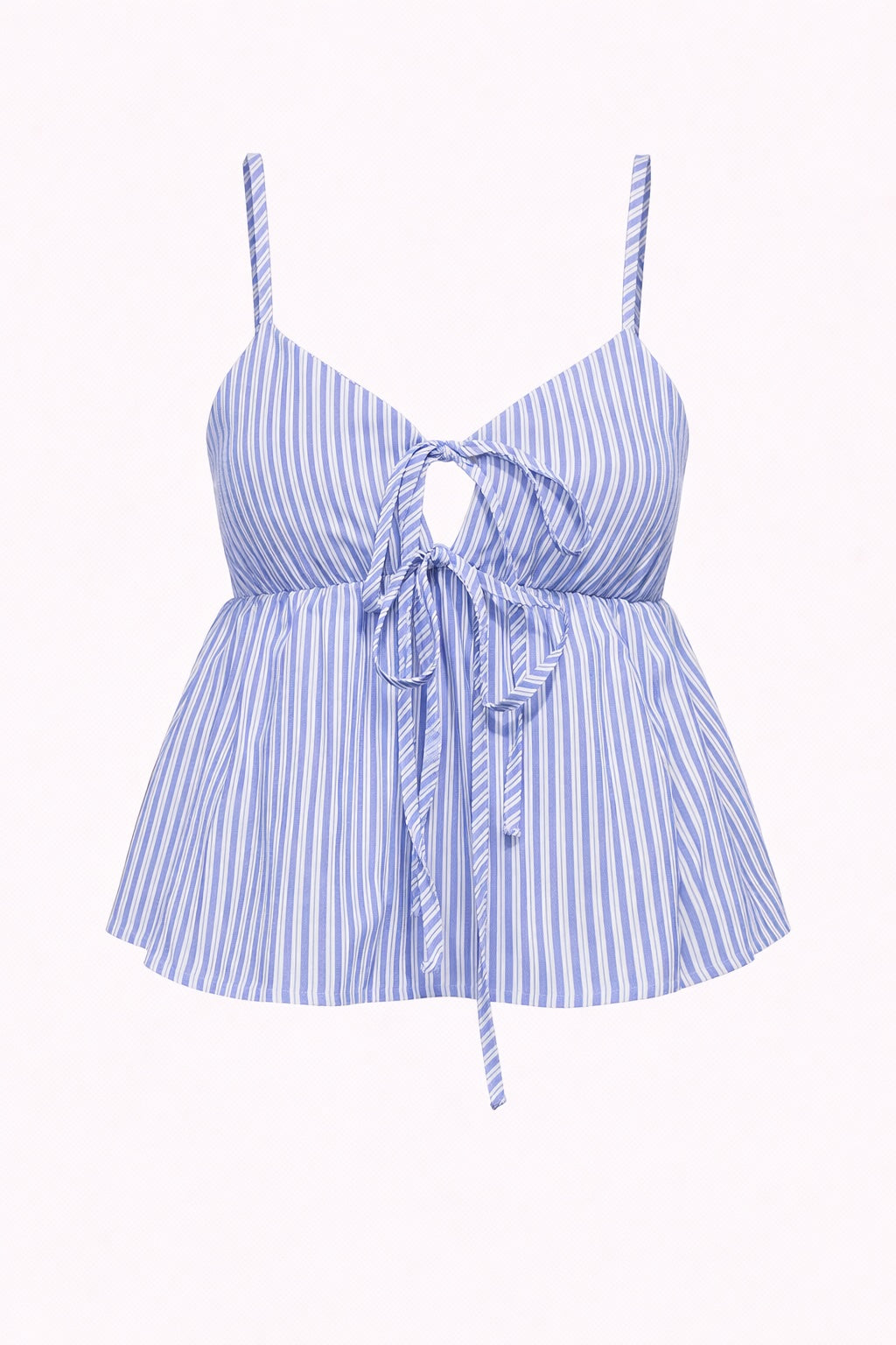 Blue and white striped tank top with a tie detail on a white background