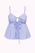 Blue and white striped tank top with a tie detail on a white background