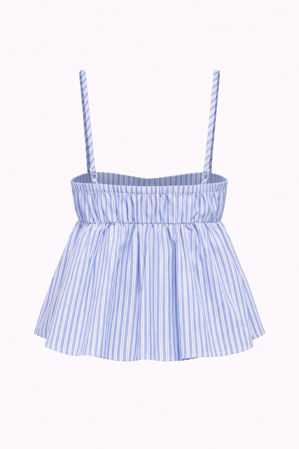 Blue and white striped dress with thin straps on a white background